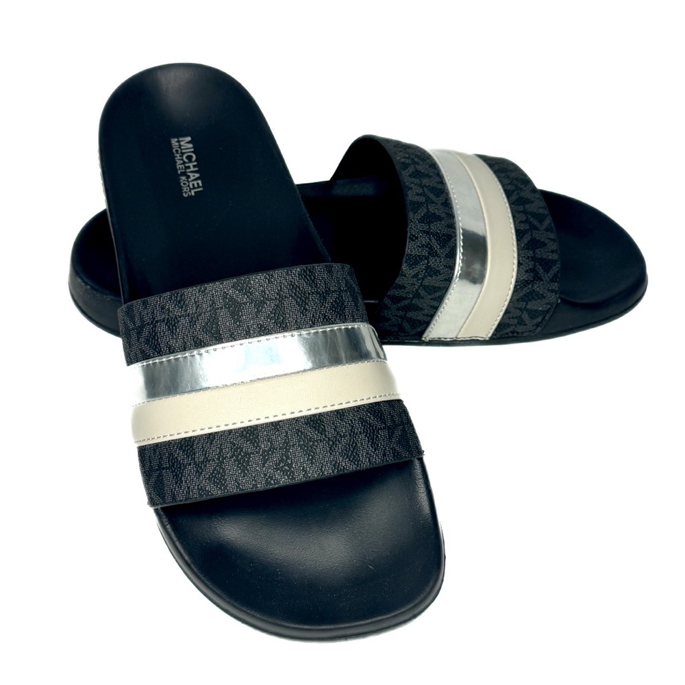 MICHAEL KORS Black White Silver Metallic Stripe Logo Slip On Slides Sandals 9